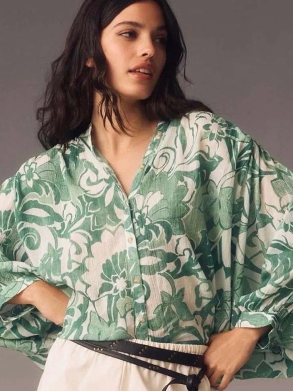 Pilcro Green and White Floral Button-Down Blouse
